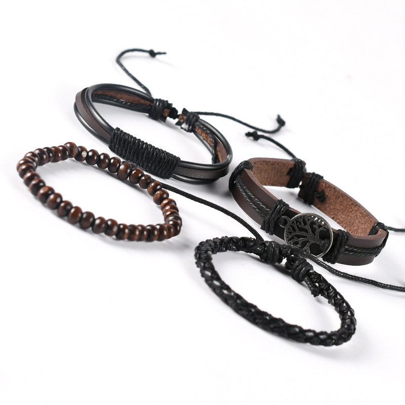Genuine Leather Tree of life Bracelets Men Women, Tiger Eye Natural Stone Lava Rock Beads Ethnic Tribal Elastic Bracelets Wristbands