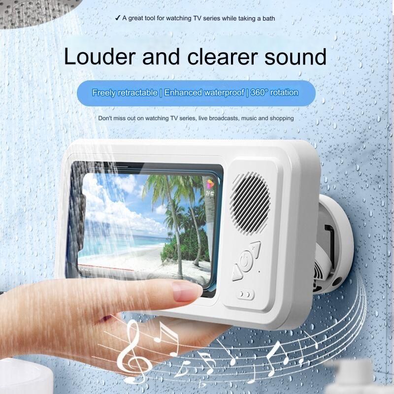 Retractable bathroom waterproof mobile phone box with Bluetooth speaker, punch-free 360° rotating mobile phone holder