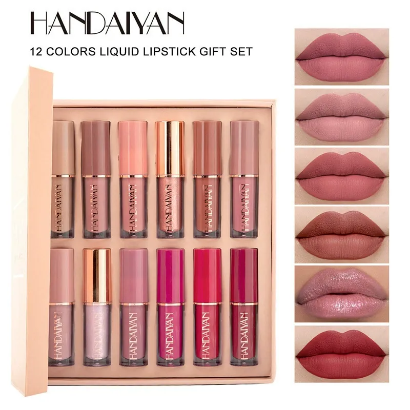 HANDAIYAN 12 Colors Liquid Lipstick Gift Set, Matte & Shimmer Pigmented Lip Gloss, Long Lasting Waterproof Non-Stick Cup Lip Makeup Kit
