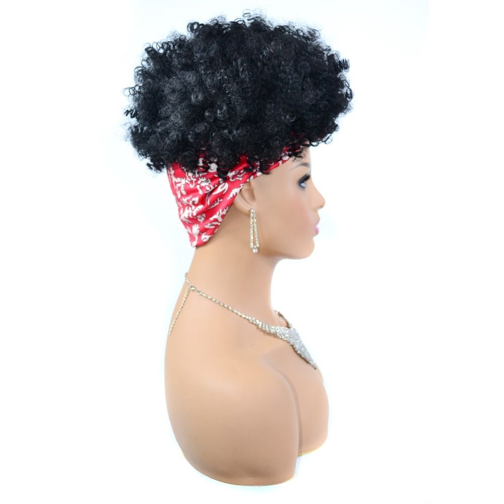 TopKiss Black Curly Wig with Headscarf, High Temperature Fiber Headband Hairnet Wig for Women Local