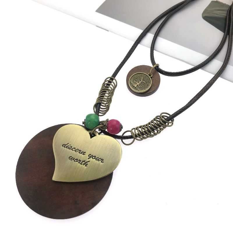 Multi layer necklace Cotton and linen wooden pendant, wax rope, long necklace, heart-shaped accessory pendant chain necklace free shipping