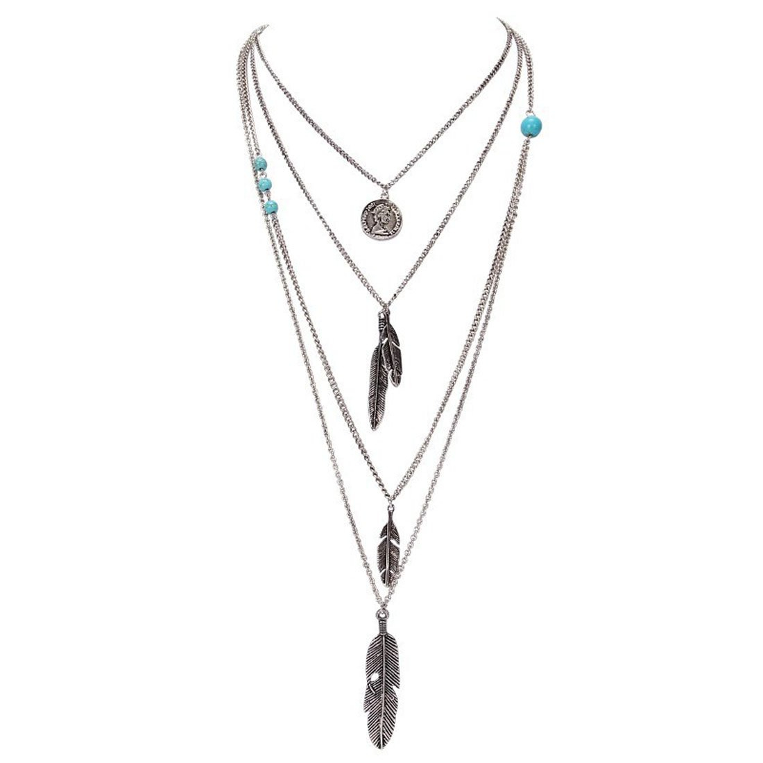 w-82 women's turquoise necklace bohemian 3-layer necklace set Feathered long girl necklace