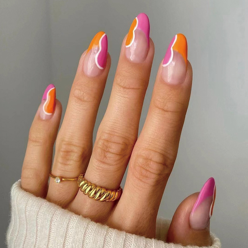 JP1933 24 Pcs Glossy Press on Nails, Medium Stiletto Minimalist French Pink Orange Contrast White Waves Prints Fake Nails, Full Cover Artificial False Nails for Women and Girls

