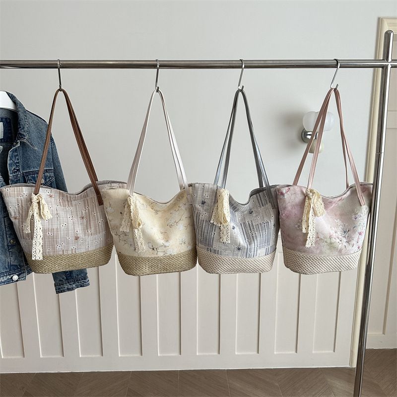 Women's Floral Print Woven Tote Bag, 40.5x28cm Large Capacity Summer Shoulder Bag with Lace Bow Decor, Casual Beach & Vacation Handbag
