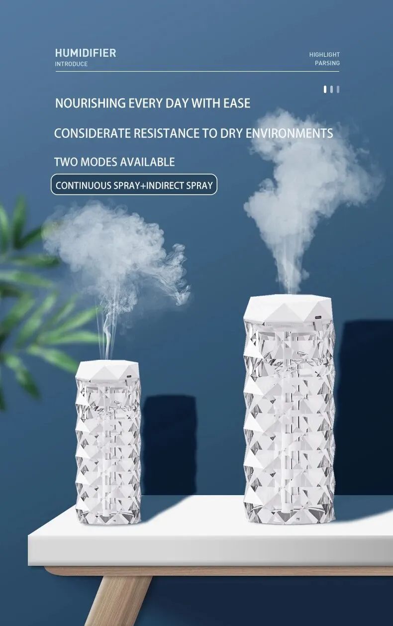 Crystal Lamp Humidifier with Colorful Atmosphere Light Silent Ultrasonic Humidifier 2 Adjustable Mist Modes for Home Bedroom