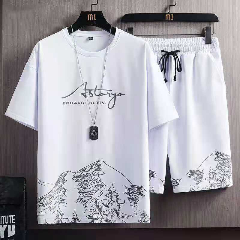 Sports Short Sleeve T-Shirt & Shorts Set - 2 Piece - White/Black