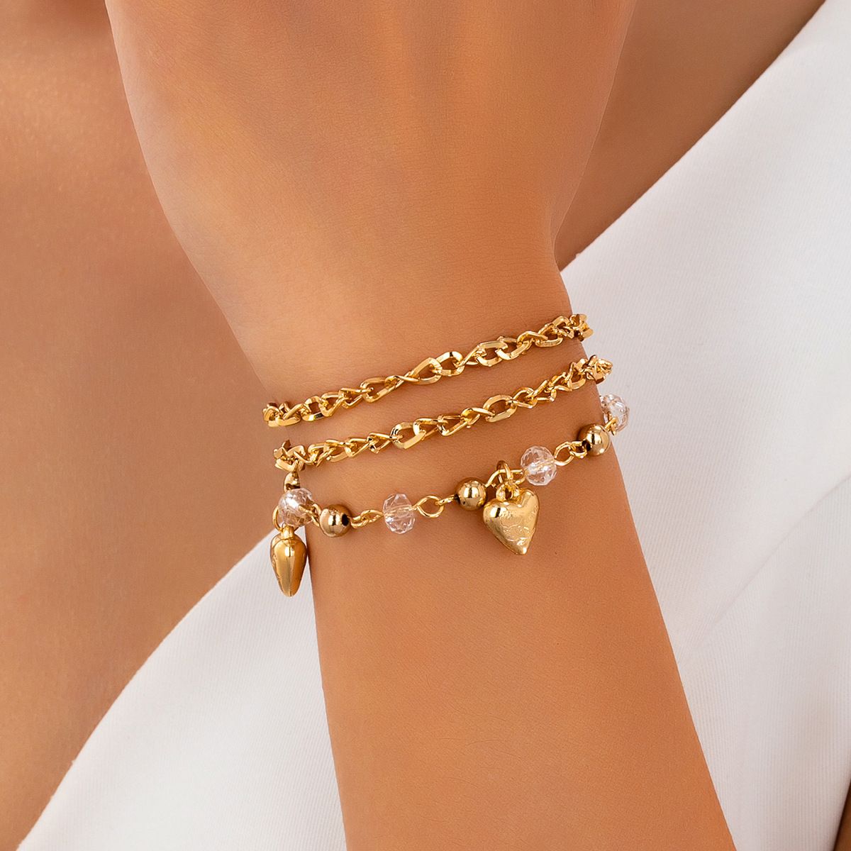 Vintage Gold Tone Multi-Layer Chain Bracelet with Embossed Heart Charms & Clear Crystal Beads, Adjustable Extension, Romantic Stackable Jewelry for Women
