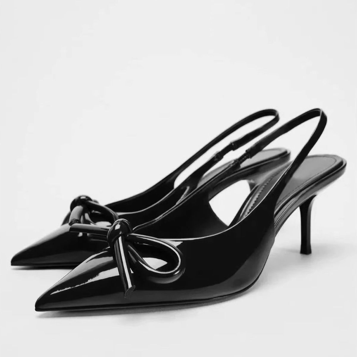 European and American style bow high-heeled pointed-toe sandals for women in summer 2025, red patent leather pointed-toe mules single shoesblack