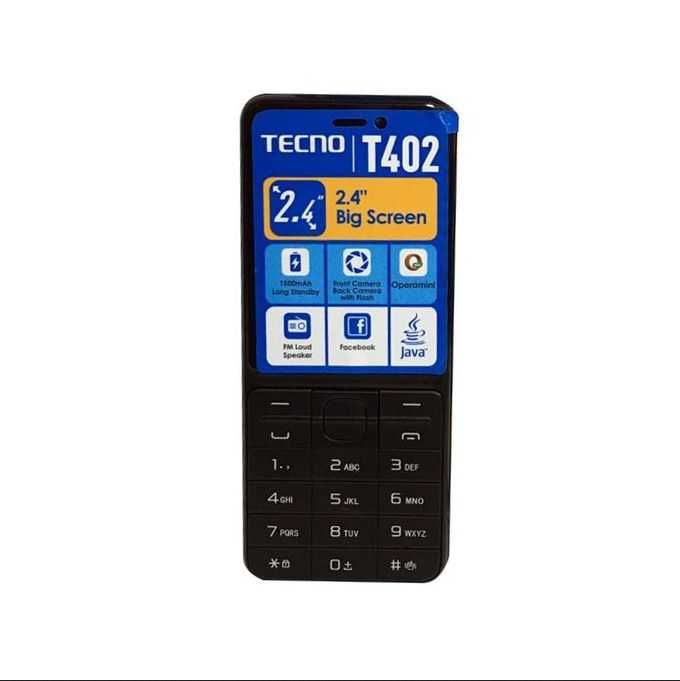 Tecno T402 - Triple Sim – 4MB ROM – 4MB RAM Feature Phone   Display: 2.4 QVGA Camera: 0.08MP Back with flash+ 0.08MP Front Camera Memory:8MB ROM+8MB RAM Expandable Micro SD up to 64GB Battery Capacity:1500mAh- FM Radio