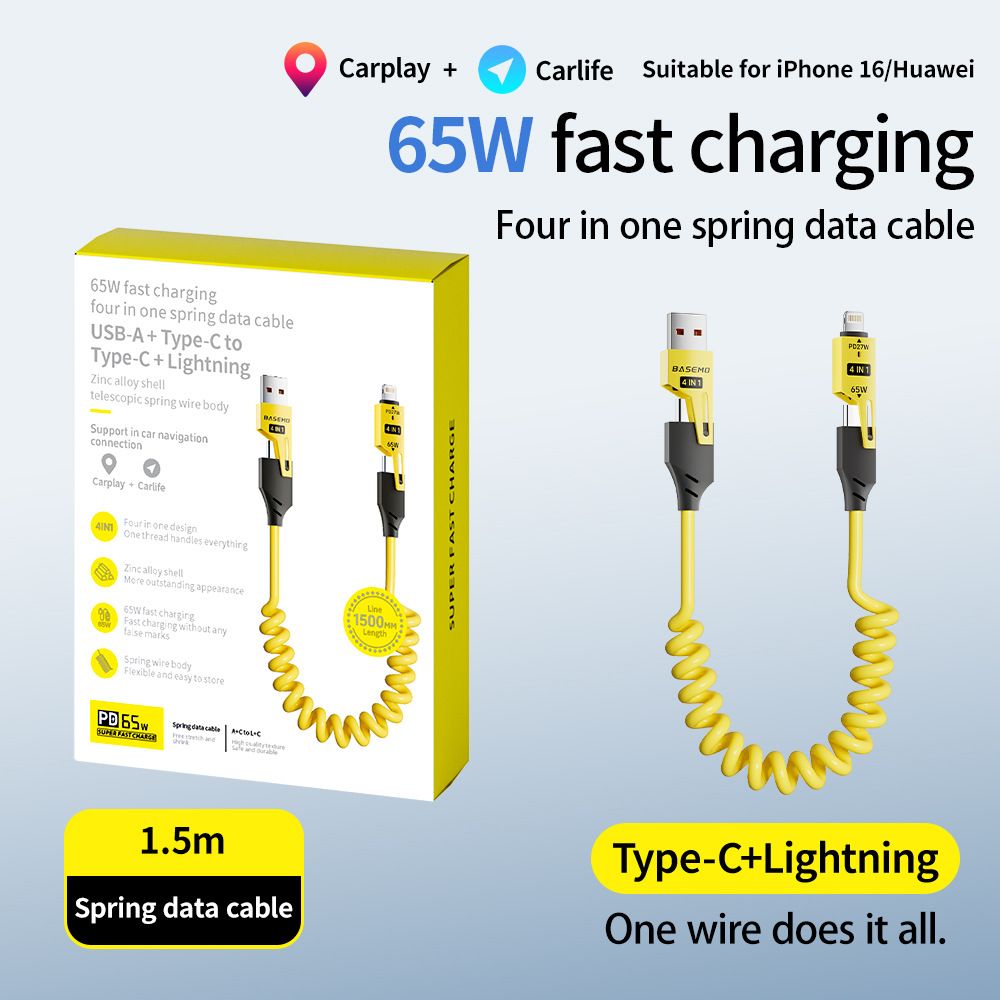 Spring Retractable 4-in-1 Multi Functional Charging Data Cable, Max 65W PD Fast Charge + 27W Fast Charging Dual Output Design, Compatible With iPhone 16 Series, Huawei, Xiaomi, Android Type-C 