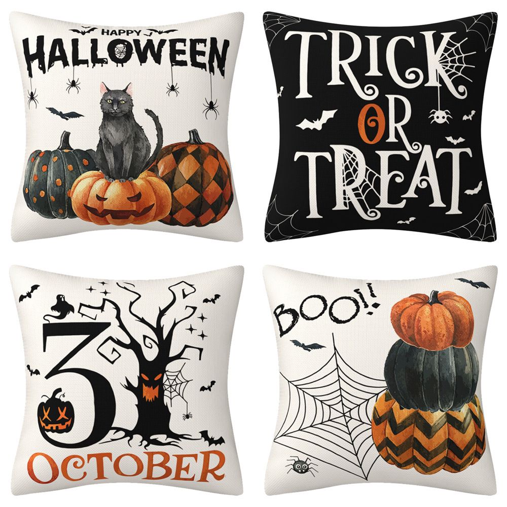 HBSMK-09 Halloween Pillow Covers 45x45cm Trick or Treat Boo Black Cat Spider Web Happy Halloween Decor Pillow Covers Farmhouse Throw Pillows Cushion Case Decoration for Indoor Couch Bed Sofa
