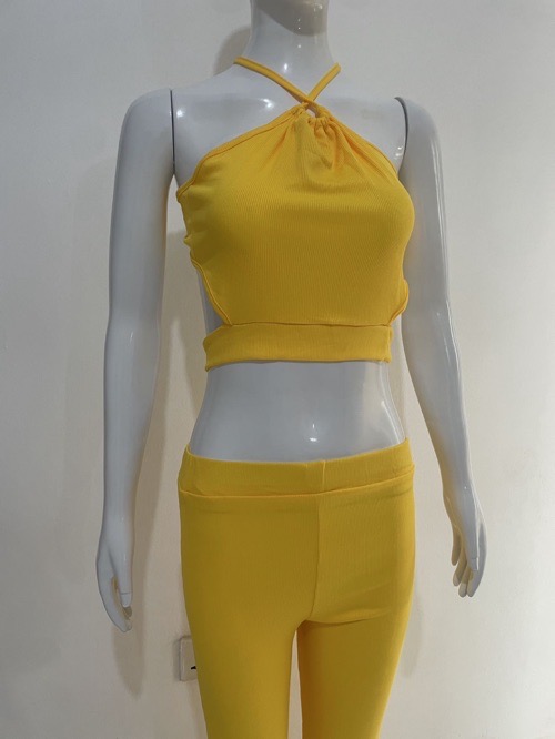 Suspenders pleated slim fit two-piece set Spice girl pleated suspenders, slacks set solid color knitted split top + bootcut slim turned-up trousers