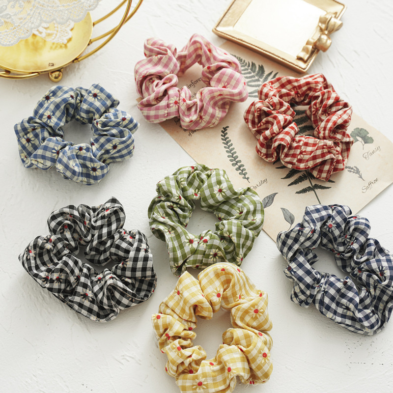 FQ2116 2pcs Flower Pattern Plaid Scrunchie for Women and Girls