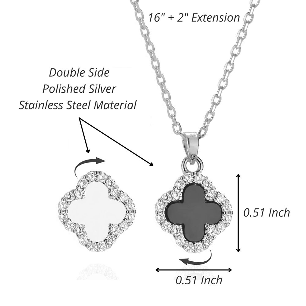2 Side Crystal Clover Necklace for Women 18K Gold Plated Stainless Steel Four Leaf Lucky Pendant Black & White Cubic Zirconia Jewelry for Mother and Daughter