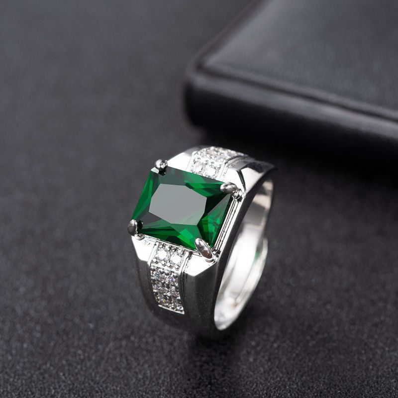 LJZ-12 Fashion Men Ring 925 Silver Jewelry Rectangle Sapphire Zircon Gemstone Finger Ring for Wedding Engagement Accessories