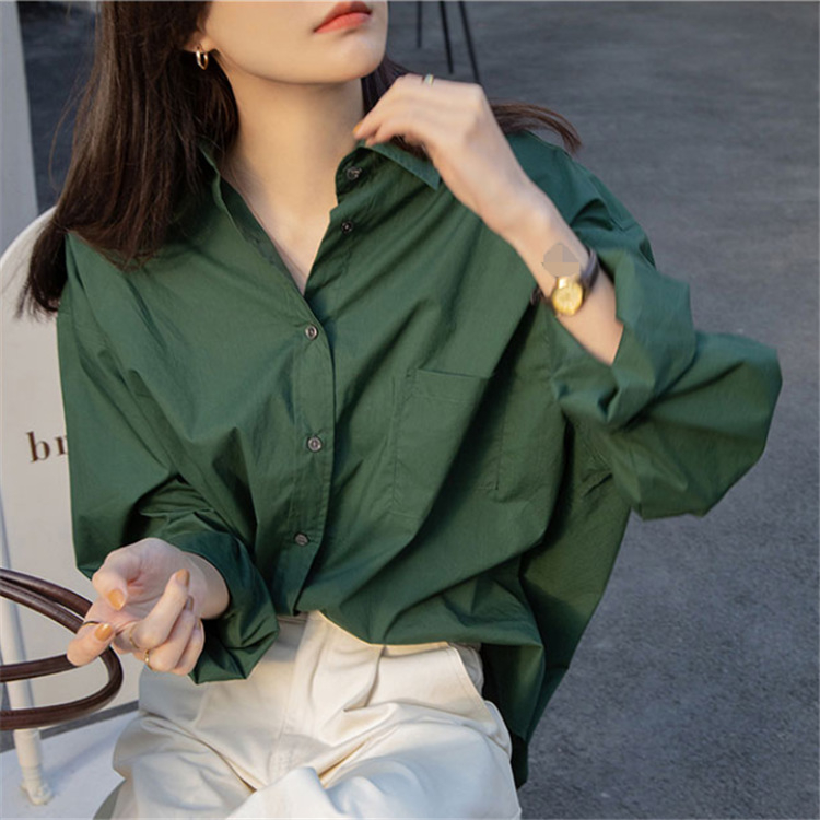 R2007-21-6185 Women's Autumn Green Loose Fitting Shirt Long Sleeved Lapel Top