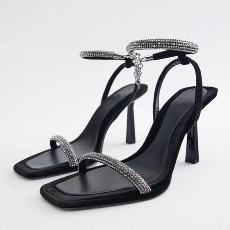 2025 Summer New Large Size Square Toe High Heels Sandals Women's Rhinestone Open Toe Single Strap Elegant
