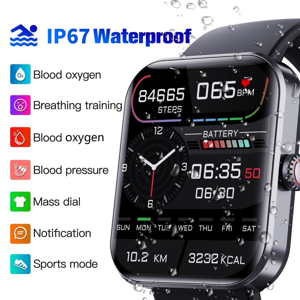 F57L Multi‑Function Smart Watch, 1.91 Inch HD IPS Large Color Screen, Waterproof Fitness Wrist Watch with Heart Rate, Blood Pressure and Blood Oxygen Monitoring for Daily Sports Health Tracking