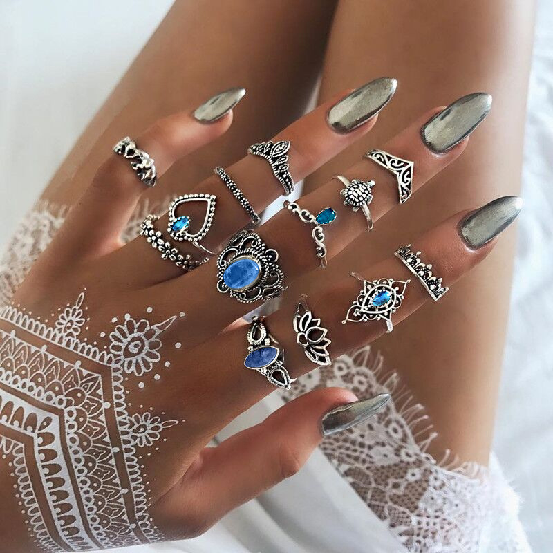 Women's New Vintage Carved Crown Starry Sky Ring Combination Set