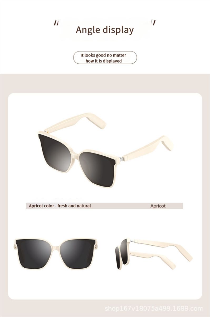 AI smart sunglasses with Bluetooth, polarized lenses, UV and blue light protection, music and call functionality, transparent design, and interchangeable lenses.