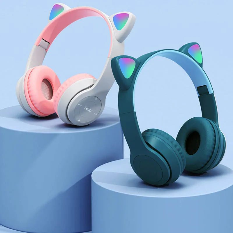 P47M Cute Cat Ear Bluetooth Compatible Headset with LED Wireless Headset Children Girls Stereo Folding Sports Headset with Microphone