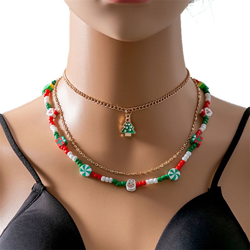 NC23Y0474 Stylish Cute Beads Santa Elk Candy Bell Cartoon Dripping Oil Multi-Layer Christmas Festive Necklaces