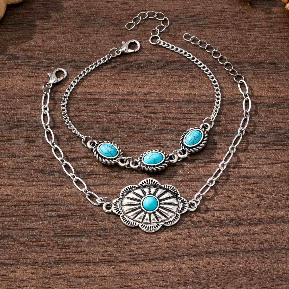 Bohemian Silver Tone Double-Layer Bracelet with Turquoise Inlay & Sunburst Charm, Ethnic Vintage Inspired Stackable Chain Jewelry for Women, Adjustable Western Style Accessory
