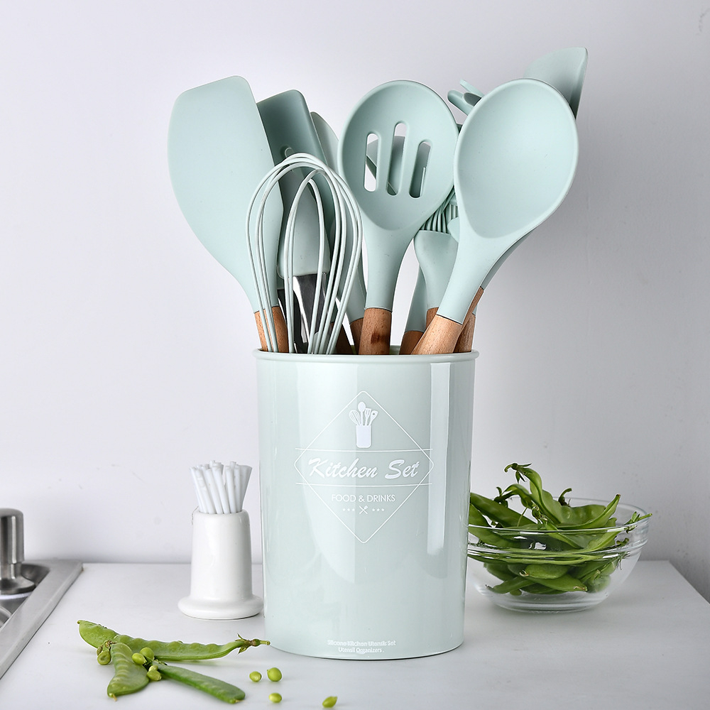 KS114 Silicone Cooking Utensil Kitchen Utensils Set, 11 Pieces Silicone Kitchen Utensil Wooden Handles, Kitchen Spatula Sets with Holder Spoon Turner Tongs Mint Green