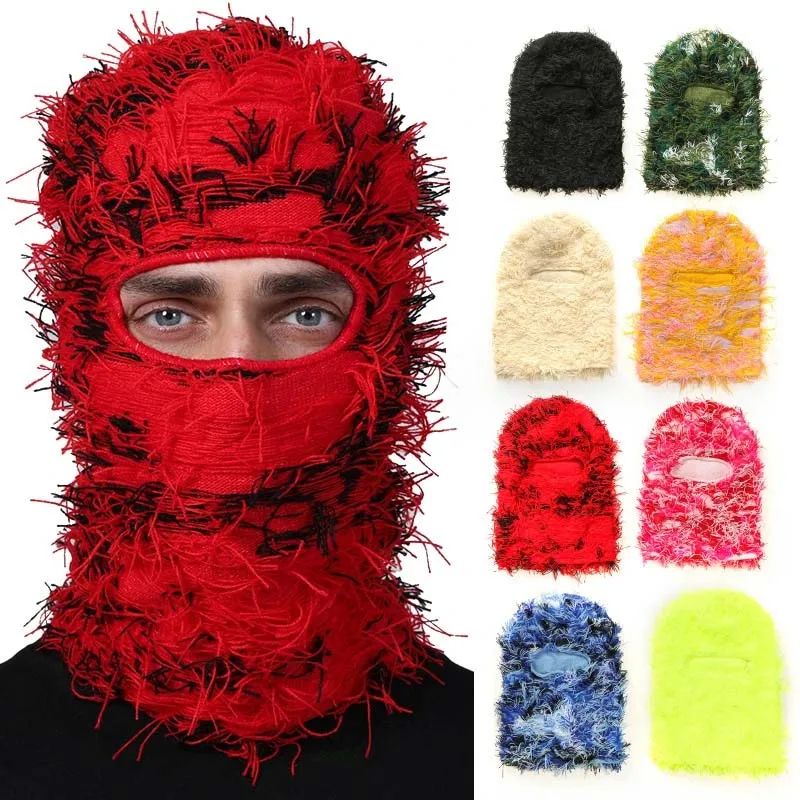 New Hip Hop Balaclava Distressed Knitted Caps Full Face Ski Mask Women Outdoor Camouflage Fuzzy Ski Balaclava Beanies Hat