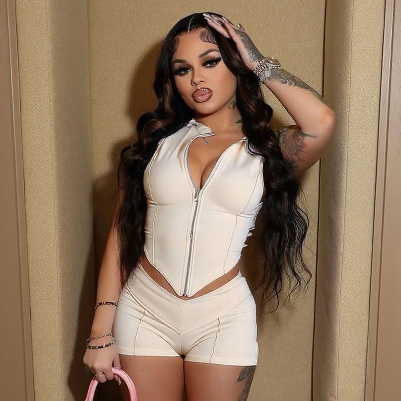 Women's spring and summer zipper lapel sleeveless line casual sexy exposed navel high waist close fitting shorts set