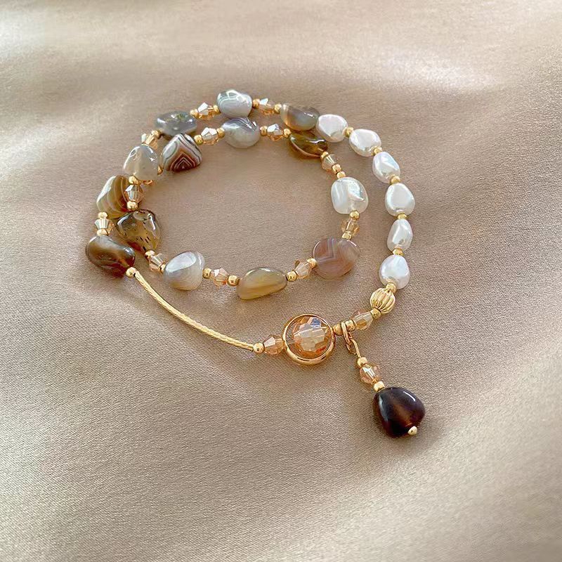 Light Luxury Double Layer Pearl Crystal Bracelet For Women Vintage Elegant Temperament Beaded Hand Jewelry Niche Delicate Stackable Bangle Daily Dating Party Wrist Accessory