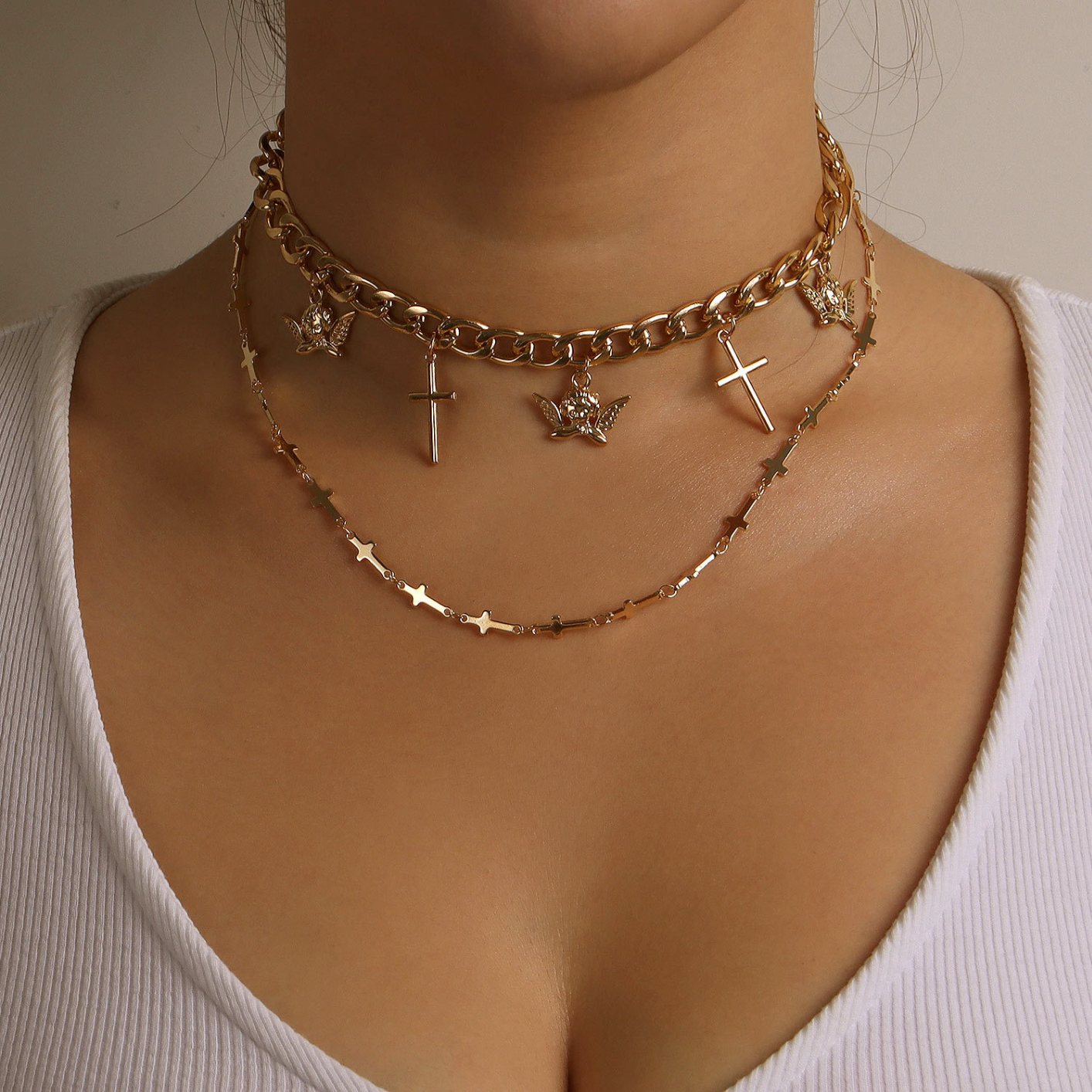 ZW2279 Women's New Cross Wing Pendant Necklace Double Chain Necklace