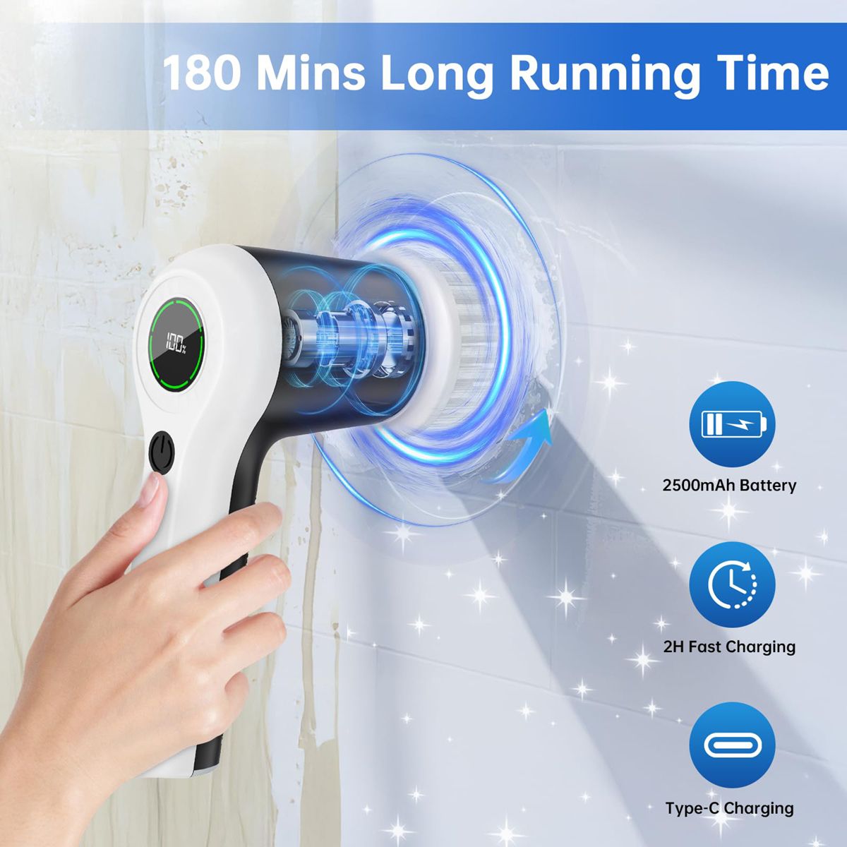 Electric Spin Scrubber, Cordless Shower Scrubber with Battery Level Display, 2 Speeds Electric Scrubber for Cleaning with 5 Replaceable Heads, Cleaning Brush for Bathroom/Sink/Window