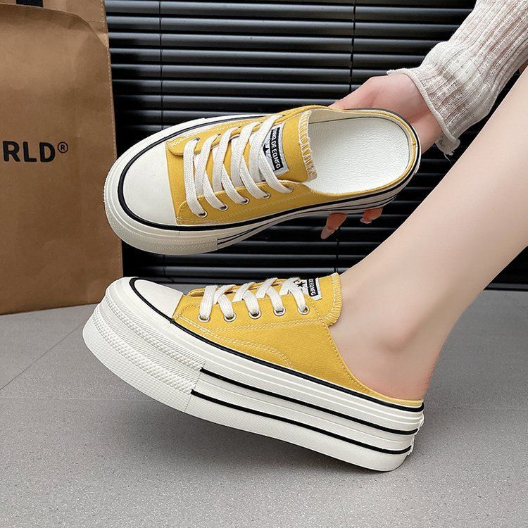 Candy-colored canvas shoes for women 2025 summer new style a single shoe with a full head preppy style thick sole simple half slipper