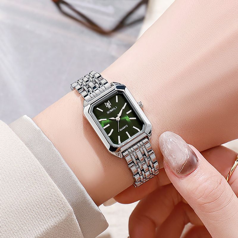 New Light Luxury Steel Belt Women's Watch Female Student Fashion Simple Square Quartz WatchSilver green
