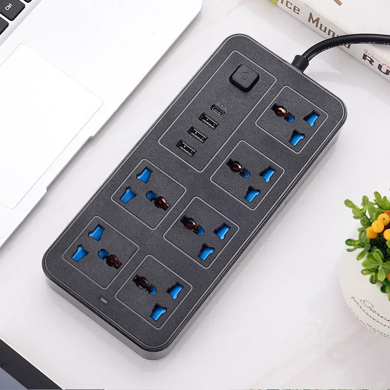 New Black UK Power Strip with USB Ports, Multi-Hole Household Extension Socket with Individual Switches and 3M Extension Cord
