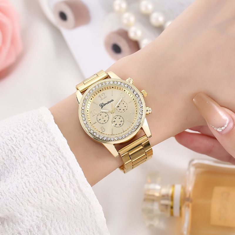 Fashionable Women’s Quartz Watch with Crystal Rhinestone Bezel, Faux Chronograph Three-Eye Design, Metal Steel Band, Elegant Casual & Business Style Analog Wristwatch
