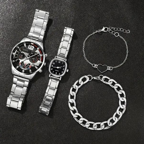 Fashion Couple Watch Set for Men Women, Business Casual Chronograph Wristwatch, Three-eye Large Dial Calendar Watch, Luxury Stainless Steel Band Waterproof Analog Wrist Watch for Daily Business Dress Matching