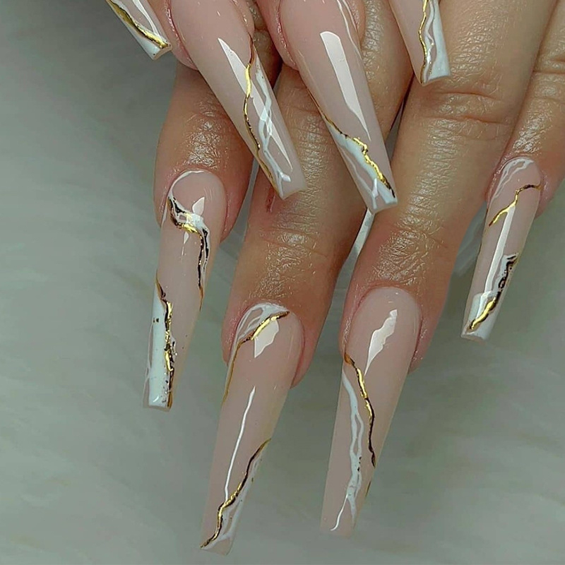 W052 24 Pcs Glossy Press on Nails, Super Long Coffin French Contrast Color Glitter Line Fake Nails, Full Cover Artificial False Nails for Women and Girls