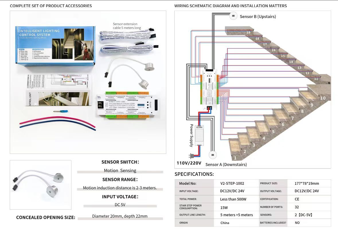 32 Channel Motion Sensor LED Stair Controller Automatic Staircase Lighting Controller Short Circuit Proof Stairway Step Light Controller Adjustable Brightness for Indoor Under Stair Lighting model 1002