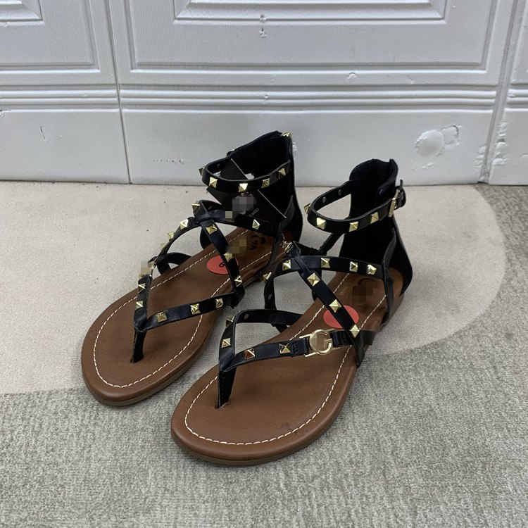 Women's and Girls Roma Sandals Square Studs Cross with Flat Zipper Sandals Flip-Flops Beach Shoes
