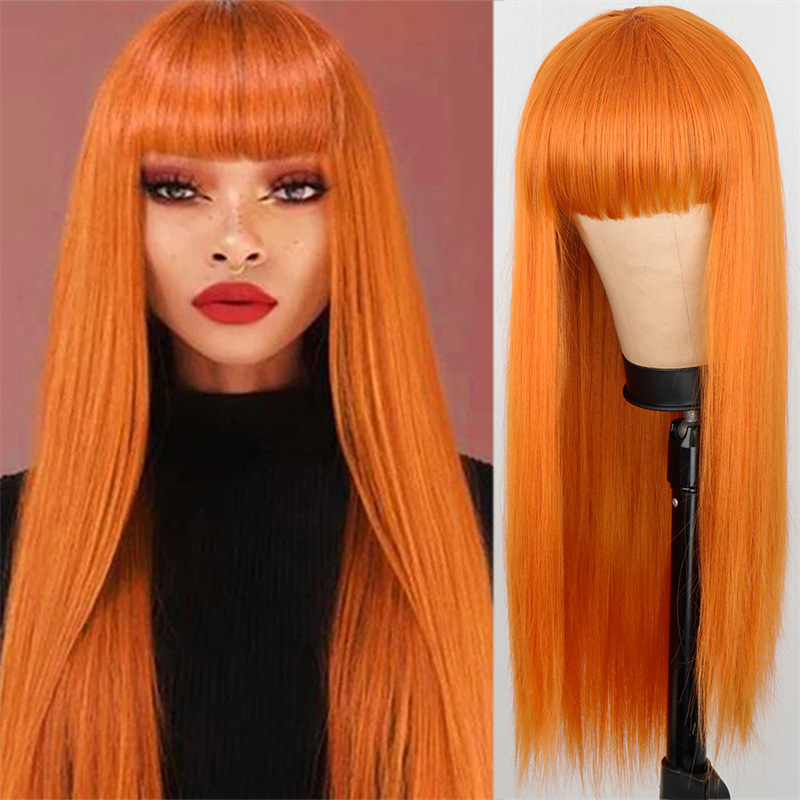 007 28inch Long Straight Orange Wig With Bang Synthetic Wigs for Women Heat Resistant Natural Hair for Daily Halloween Cosplay Party