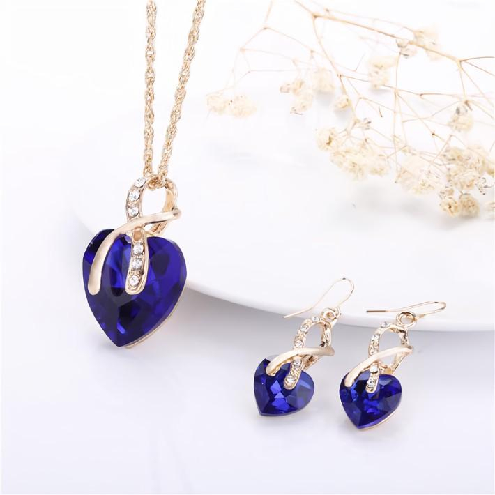 Huadeer Vintage Female Rainbow Crystal Jewelry Set Charm Gold Color Dangle Earrings For Women Simple Love Heart Wedding Chain Necklace