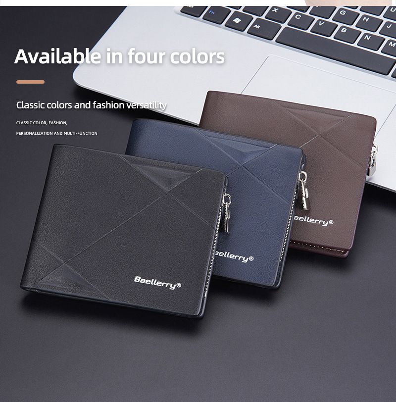 9194 Men's New Solid Color Short Wallet Multi-Card Zipper Wallet