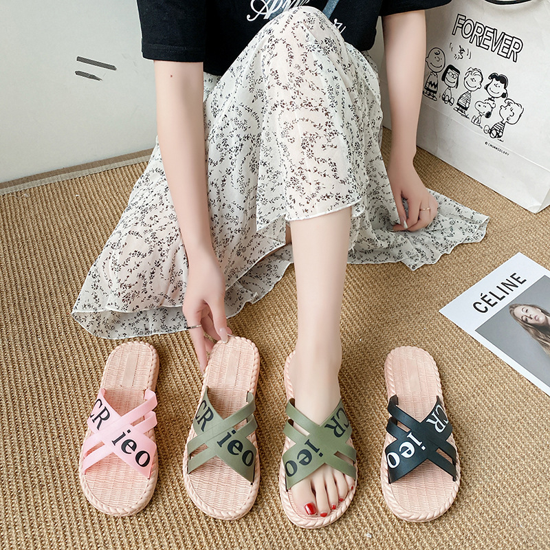 1918 Women Criss Cross Band with Letter Prints Sandals Open Toe Slide Slippers