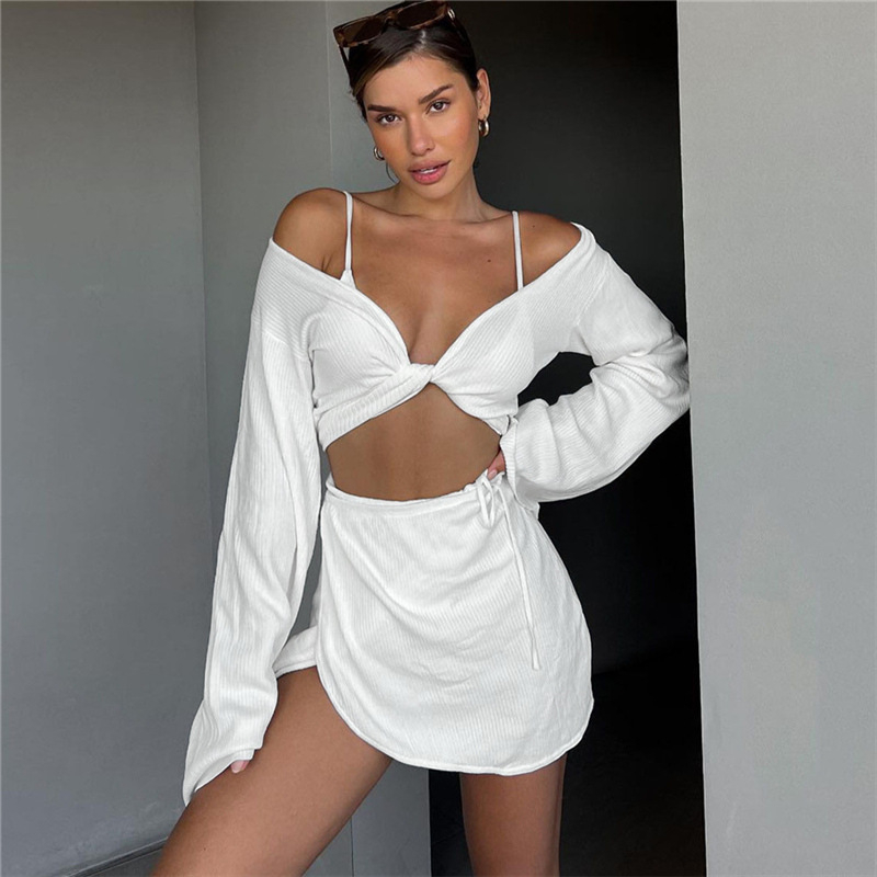 K22S20852 Long Sleeve Sexy V-neck knotted Crop Top Wrap Short Tie Strap Drawstring Ribbed Mini Dress Suit