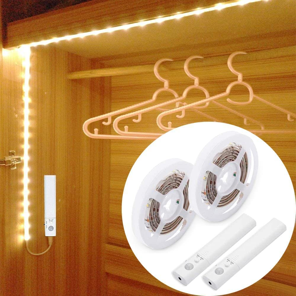 4M 5M Under Cabinet Lighting Motion Sensor Led Strip Closet Lights Battery Operated Powered Counter Bed Safe Stair Led Strip Light for Inside Closet Kitchen Indoor Without Electricity
