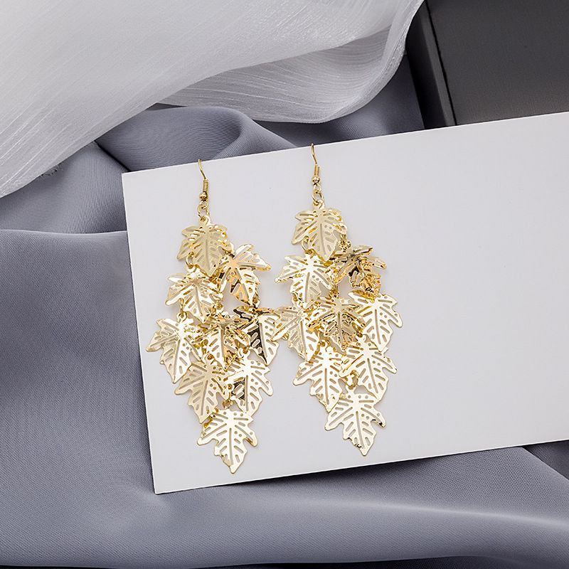 E1003-2 Women's Fashion Hollow Leaf Earrings Multi Layered Tassel Earrings