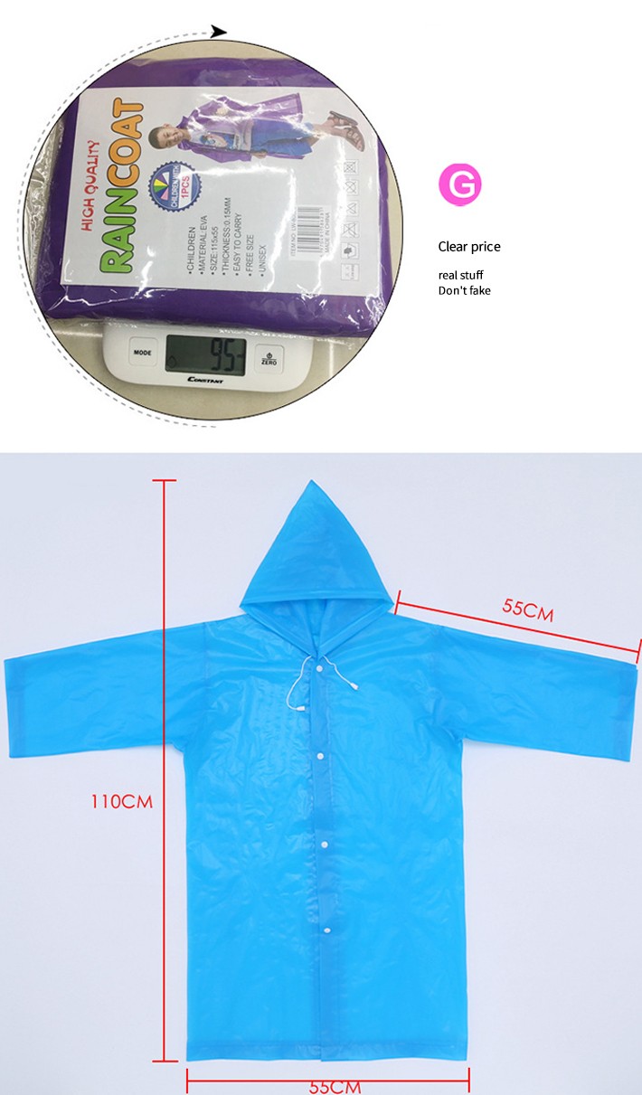EVA Reusable Raincoat Rain Ponchos with Hood and Elastic Cuff Sleeves for Kids, Size 113 cm x 55 cm