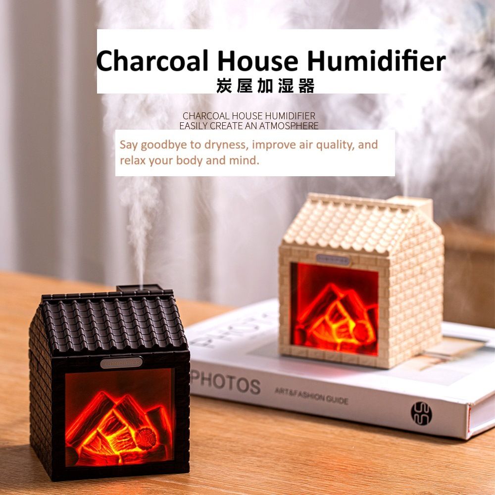 Cute Charcoal Firewood House Shape USB Humidifier, Ultrasonic Silent Mist Humidifier with Soft Night Light, Portable Desktop Aroma Diffuser, Decorative Fragrance Machine as Ideal Gift for Home Bedroom Office